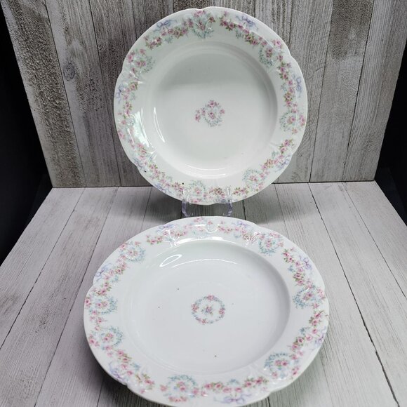 Vintage Bassett Limoges Dinner Plates White Pink Flower Austria 9.5 in Set Of 2 - Picture 1 of 7